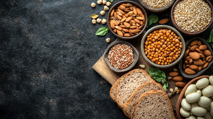 A rustic wooden table featuring an artful display of nuts and bread perfect for a wholesome nutrition experience