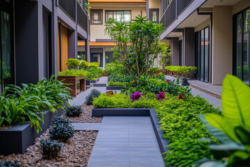 Fototapeta premium Architecture design of garden with tree among building, Selective focus growth tree among building with shady and cozy vibe, Exterior design of garden in big city.