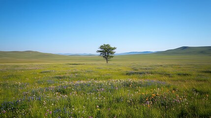 Solitary tree in a vast, colorful wildflower meadow under a clear blue sky.