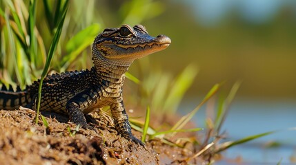 Obraz premium Young Alligator Resting by Water's Edge in Bright Green Environment