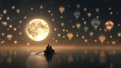 A couple in a small boat enjoys a magical night, surrounded by glowing hot air balloons and a giant moon shining in the sky. The calm air reflects the light, creating a romantic and surreal atmosphere