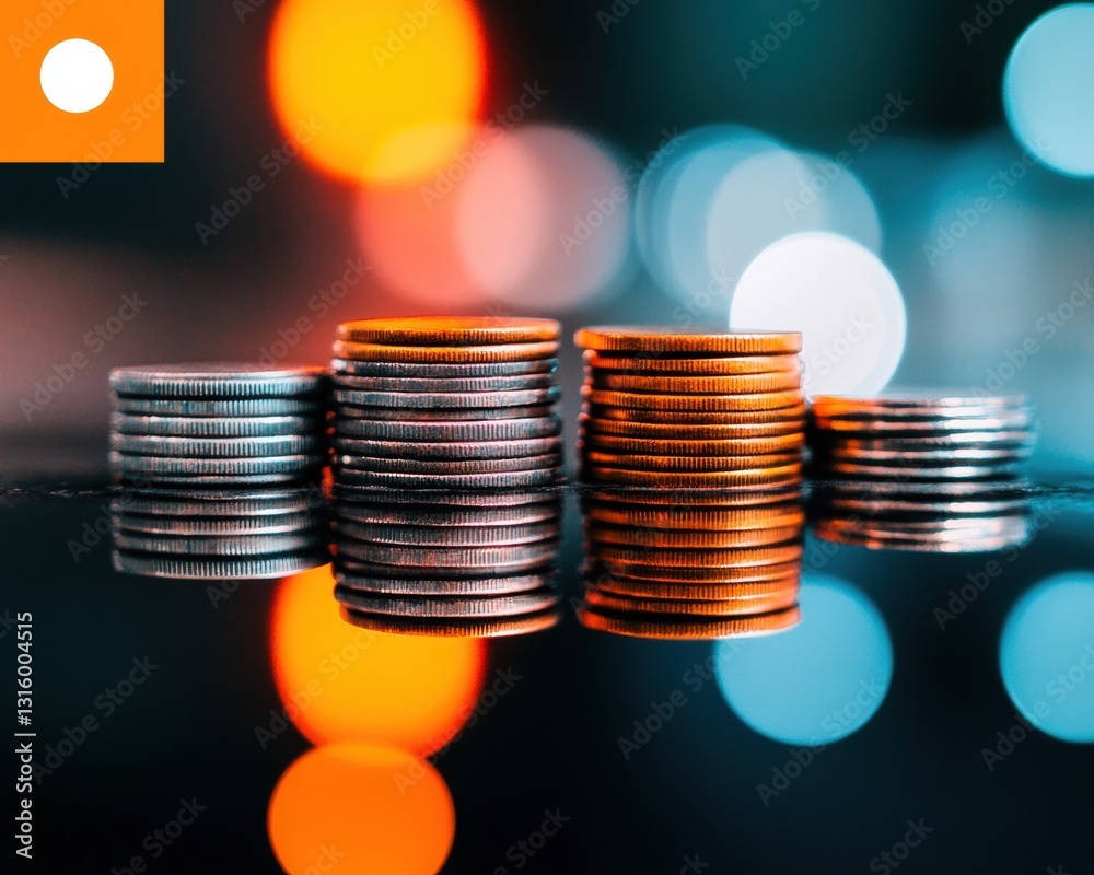 Poster minimalist financial growth visualization stacked metallic coins with blurred dynamic backdrop - inn