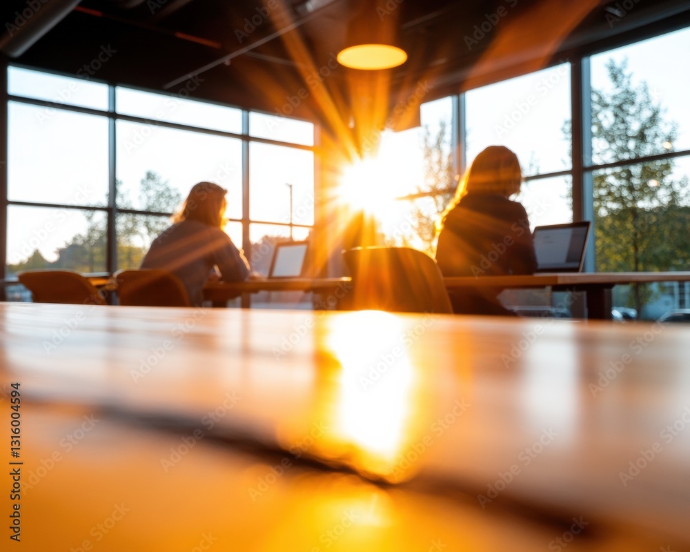 Poster Illuminated Hybrid Workspace Golden Hour Productivity in Modern Collaborative Tech Environment - Flexible Design for Next-Gen Professional Connectivity