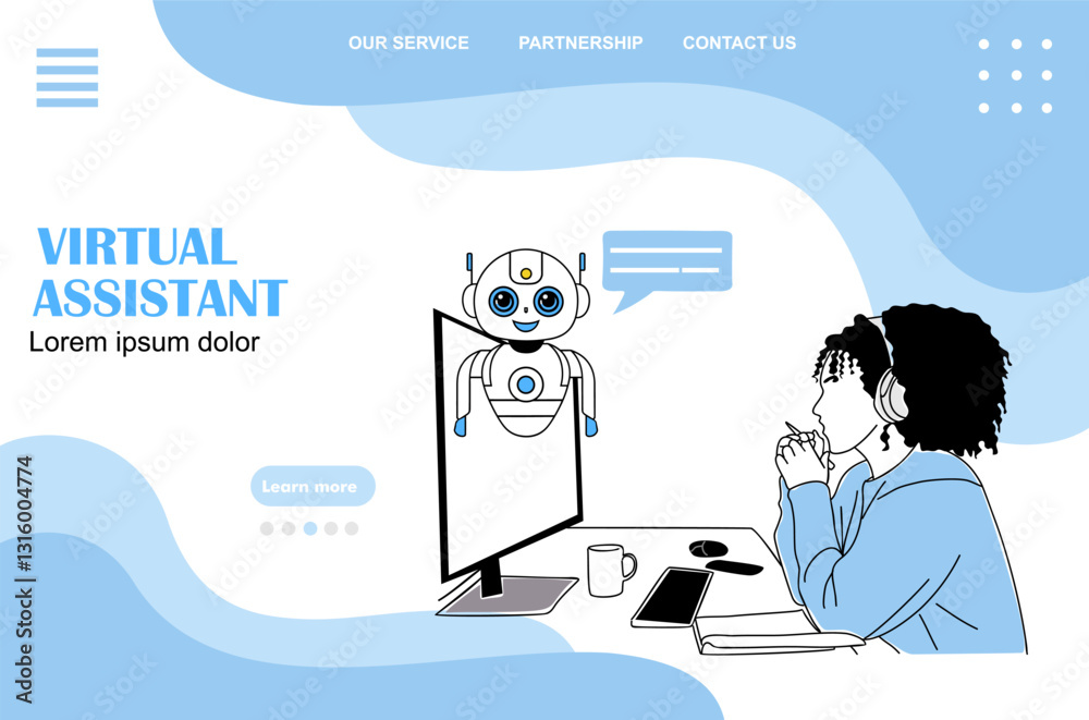 Wall mural virtual assistant chat bot, ai concept landing page. website template with business woman communicat