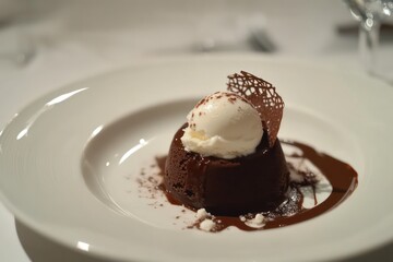 Satisfyingly rich chocolate lava cake with melted ice cream on a pristine white plate.