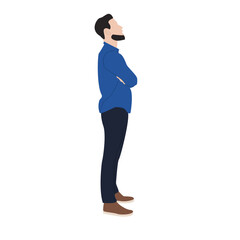 Man profile view, arms crossed, white background, hopeful expression, website avatar