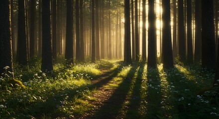 Naklejka premium A serene and welcoming image of a meandering brook flowing through a woodland