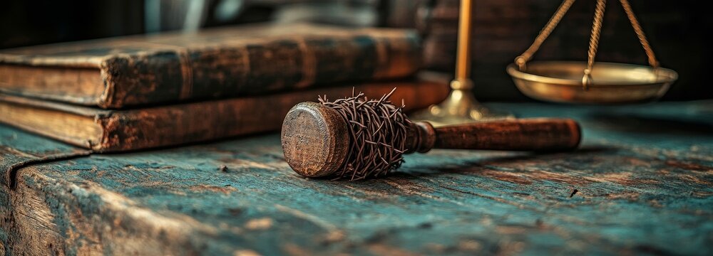 The symbols of the Bible and a judge's gavel signify moral judgment and spiritual values