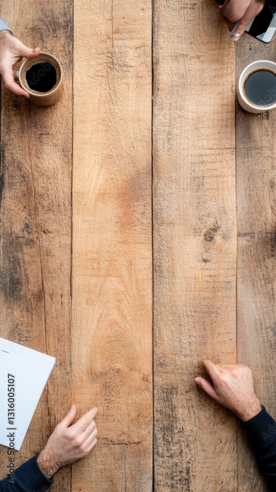Aufkleber Minimalist Collaborative Workspace Rustic Wooden Surface, Dynamic Team Interaction and Strategic Planning - Hybrid Work Productivity Insights for Modern Professionals