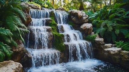 Naklejka premium Serene cascading waterfall in lush tropical garden.
