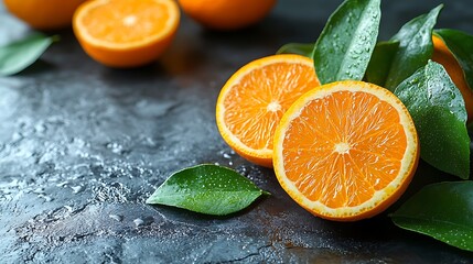 Juicy citrus fruits with deep green leaves placed on a dark slate countertop in diffused sunlight