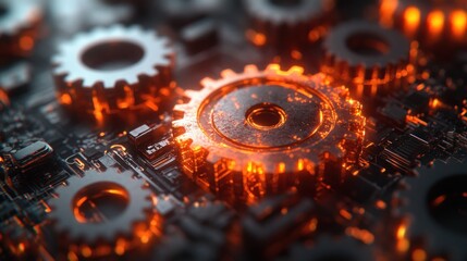 Gears on circuit board, close-up view, technological background, potential use in technology articles