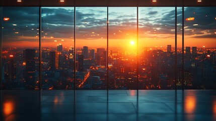 Fototapeta premium Evening blurred office workspace with urban cityscape interior and soft focus ambience, ideal for modern business presentations and corporate digital projects