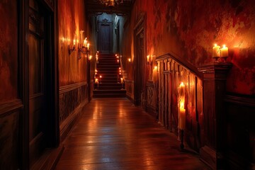 Fototapeta premium This captivating image features a mysterious candlelit hallway leading to elegant stairs. The warm glow of candles creates an inviting atmosphere, enhancing the rustic charm.