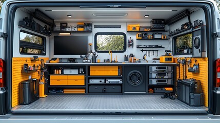 Mobile Repair Van Interior with Tools and High-Tech Equipment for Professional Service
