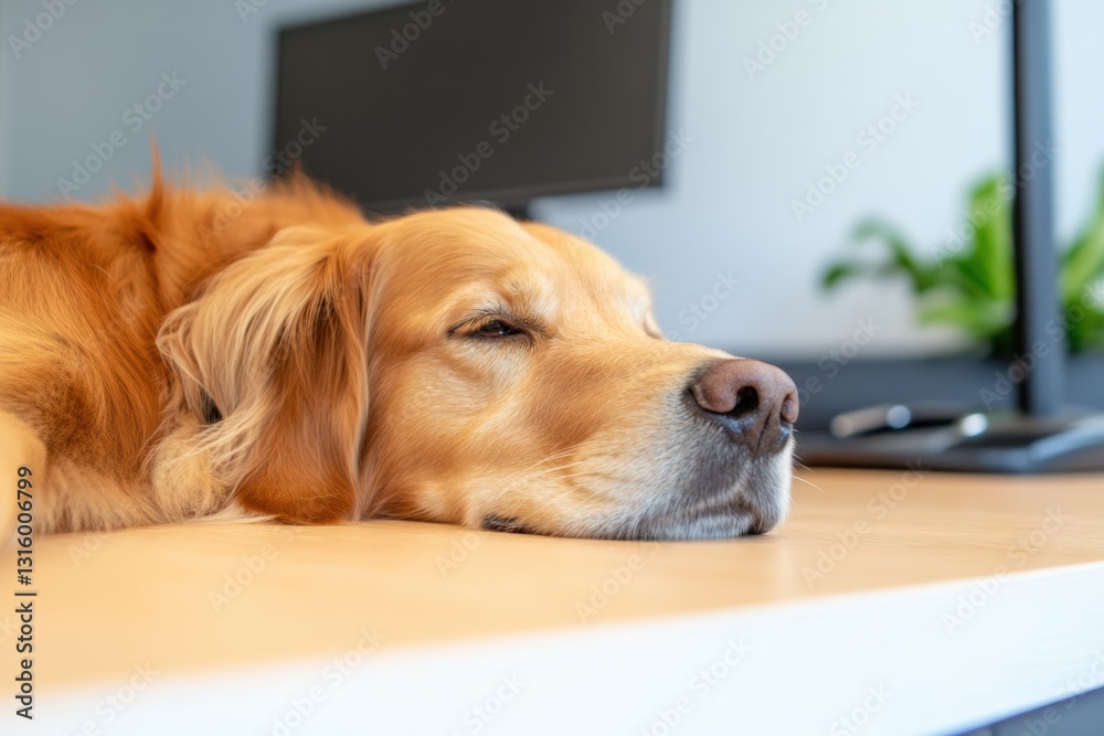 Poster wellness-driven workspaces golden retriever embodying mindful productivity and workplace well-being 