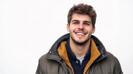 Obraz premium Cheerful Young Man Smiling in Jacket Against Light Background