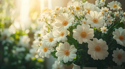Fototapeta premium Beautiful bouquet of fresh white flowers with delicate yellow centers in a warm and bright setting