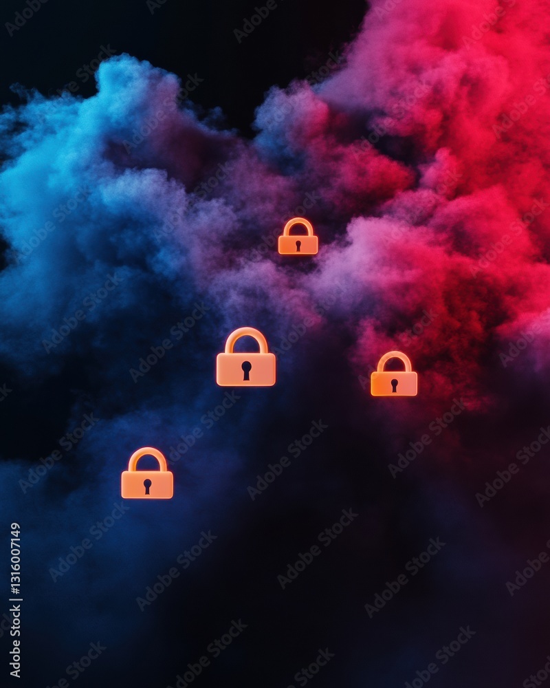 Poster Cybersecurity Dreamscape Quantum Aesthetic Cloud Protection Visualizing Digital Resilience with Ethereal Lock Iconography - Next-Gen Data Security Visualization