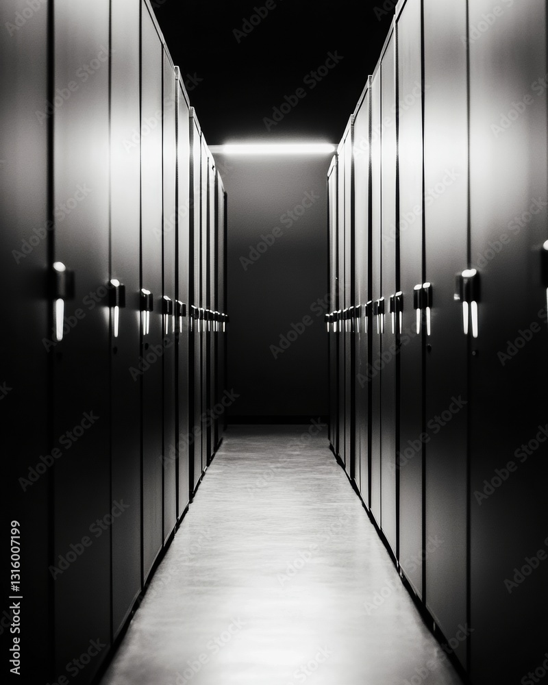 Poster Cybersecurity Noir Minimalist Data Center Corridor - Sleek Industrial Surveillance Architecture Revealing Digital Infrastructure Resilience