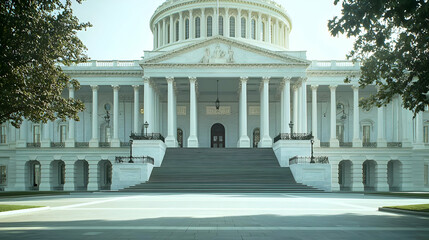 Obraz premium Majestic White Neoclassical Government Building With Columns And Steps In Bright Daylight With Trees