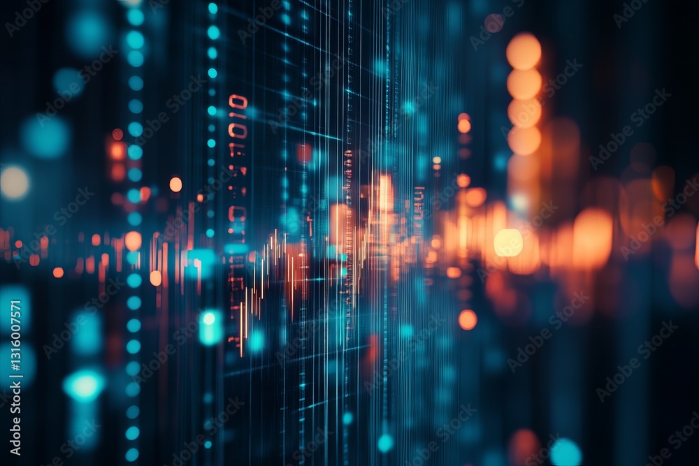 Poster a computer screen with a lot of numbers and lines. the image is abstract and has a futuristic feel t