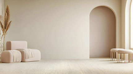 Beige Interior Design With Modern Arch Elegant Sofa And Cozy Decor Elements Warm Minimalist Living Room Perfect For Relaxation