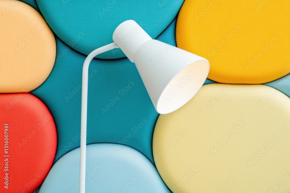 Poster Chromatic Harmony in Modern Design Minimalist Desk Lamp Illuminating Soft Geometric Shapes - Contemporary Workspace Aesthetics and Color Psychology