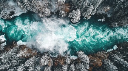 Azure river flows through snow-laden trees in a breathtaking landscape