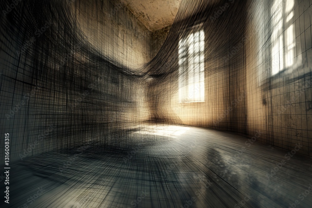 Poster intricate architectural space with dynamic light patterns and shadows