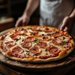 Delicious pepperoni pizza freshly baked and served on a wooden board ready to be enjoyed in a warm setting