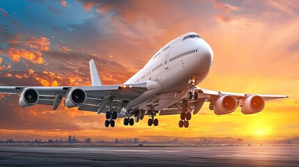 Obraz premium Aircraft Landing at Sunset Over City Skyline with Beautiful Orange and Blue Sky Horizon in Dramatic Scene