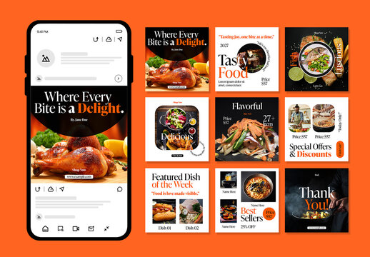 Delicious Food Social Media Post Design for Restaurants