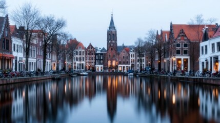 Fototapeta premium Amsterdam Canal Houses Sunset Reflection Scenic Cityscape Tranquil Water Dutch Archite