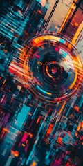 A colorful abstract image of a circle with a city in the background. The colors are bright and vibrant, giving the impression of a futuristic, technological world
