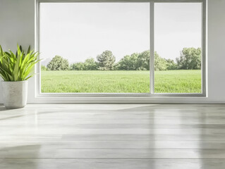 Fototapeta premium Bright and spacious interior showcasing green fields outside the large window