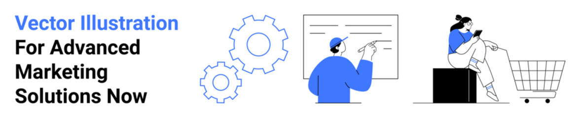 Person presenting strategy on a board with gear graphics, woman browsing on phone near shopping cart. Ideal for marketing, workflow, strategies, innovation, e-commerce, business plans, flat landing