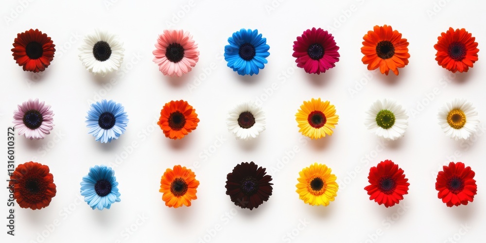 Poster chromatic bloom array minimalist gerbera spectrum design for modern botanical branding, color psycho