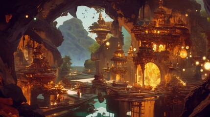 Fototapeta premium Enchanting Golden Cave City A Fantasy Architectural Masterpiece