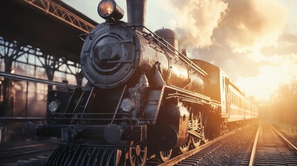 Obraz premium Vintage steam locomotive at sunset on railway platform scene