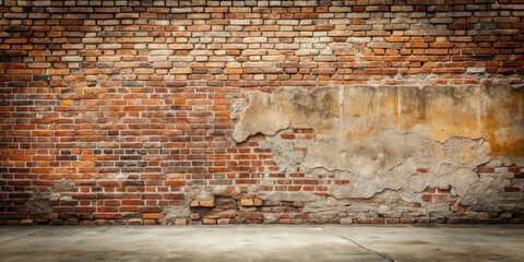Rustic Aged Brick Wall with Weathered Plaster and Concrete Floor A Textured Background for Design Projects