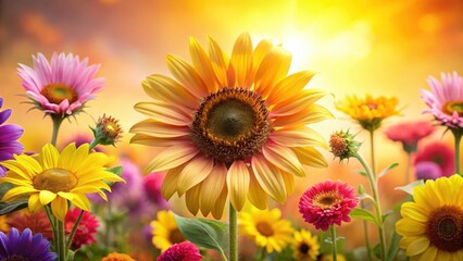 Obraz premium Vibrant Sunflower and Assorted Blooms in a Sunny Meadow, Exuding Joyful Summer Radiance and Natural Beauty
