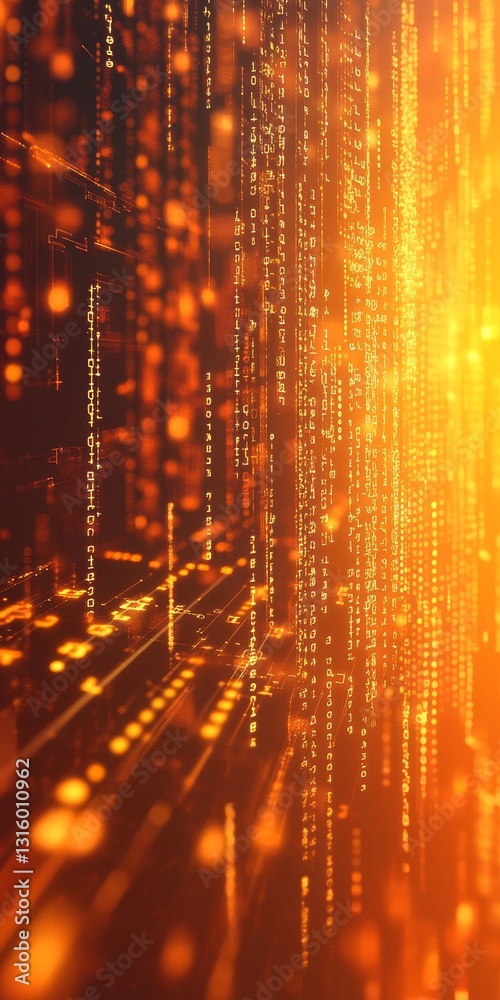 Poster this abstract digital background features glowing orange binary codes and vibrant lights, creating a