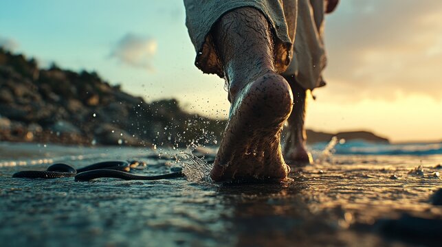 A white-robed and sandal-clad male, personifying Jesus Christ, is shown trampling a snake, crushing its head and body, in an image that references the Book of Genesis from the Holy Bible and God's