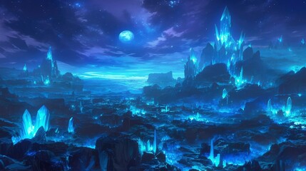 Fototapeta premium Ethereal Crystal City Under a Midnight Moon Fantasy Landscape