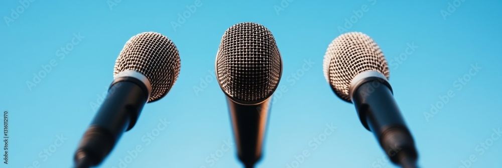 Poster minimalist media soundscape professional audio broadcast microphones capturing contemporary communic
