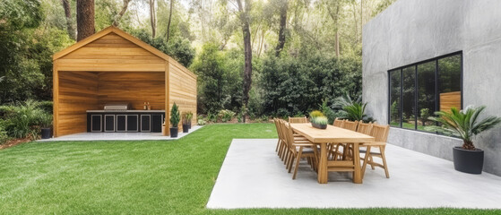 Modern outdoor dining area with wooden shed in a serene garden setting