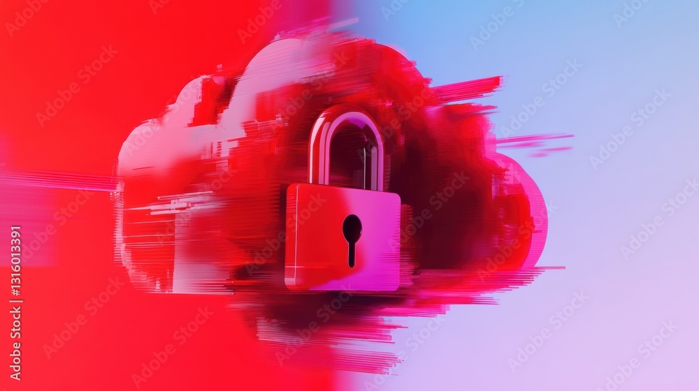 Aufkleber Cybersecurity Glitch Aesthetics Dynamic Cloud Data Protection Visualization with Distorted Digital Lock - Cutting-Edge Threat Visualization for Tech Innovators