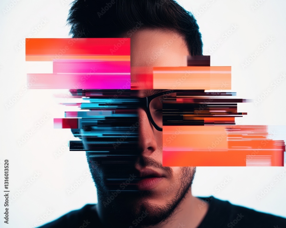 Poster Digital Disintegration Millennial Tech Burnout Visualization - Glitch Aesthetic Exploring Cognitive Overload in Gen Z Media Consumption Era