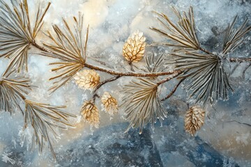 Frozen pine needles covered in intricate ice formations, highlighting natureâ€™s beauty.